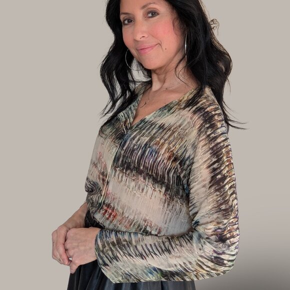 Zara Semi-Sheer Long Sleeve Blouse - Neutral Watercolor Print - Size Small - Picture 4 of 9